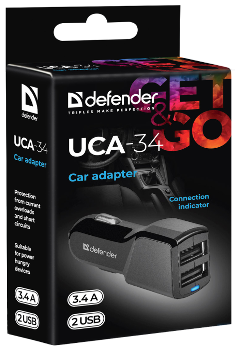 Зарядное устройство Зарядное устройство автомобильное Defender "UCA-34" 83834, 1xUSB 2.4A, 1xUSB 1.0A,. null.