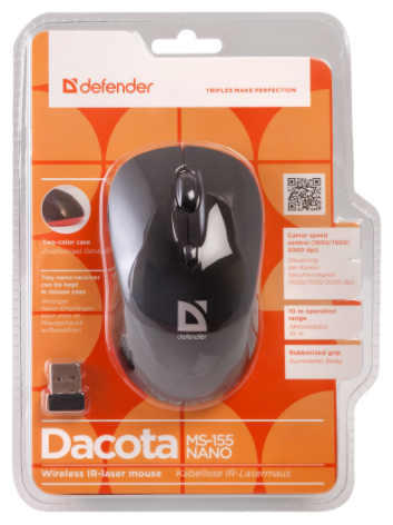 Оптическая мышь Defender "MS-155 Dacota" 52155, беспров., 2кн.+скр., черный