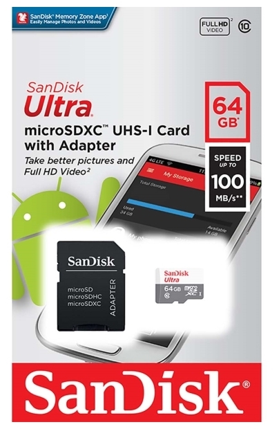Карта памяти 64ГБ SanDisk "Ultra SDSQUNR-064G-GN3MA" microSDXC UHS-I Class10 + адаптер