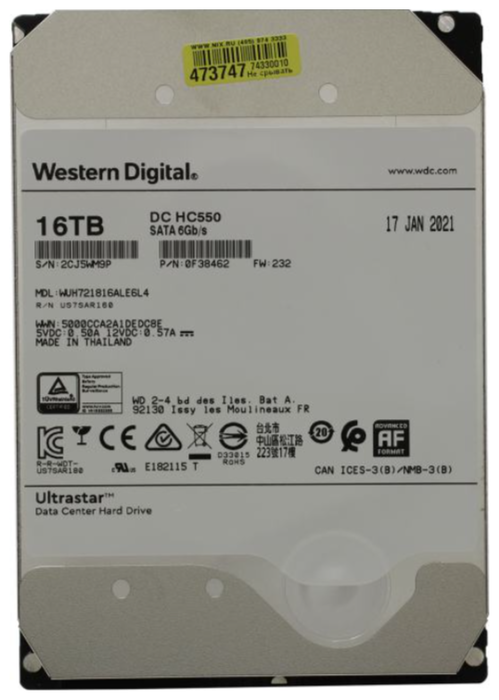 Жесткий диск 16ТБ Western Digital "Ultrastar DC HC550 WUH721816ALE6L4", 7200об./мин., 512МБ