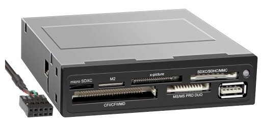 null Картридер CF/MD/SDXC/microSD/MMC/MS/M2 Ginzzu "GR-136UB", в 3.5" отсек, доп. порт USB, черный. null.