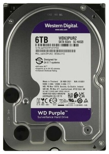 Жесткий диск 6ТБ Western Digital "Purple WD63PURZ", 5400об./мин., 256МБ