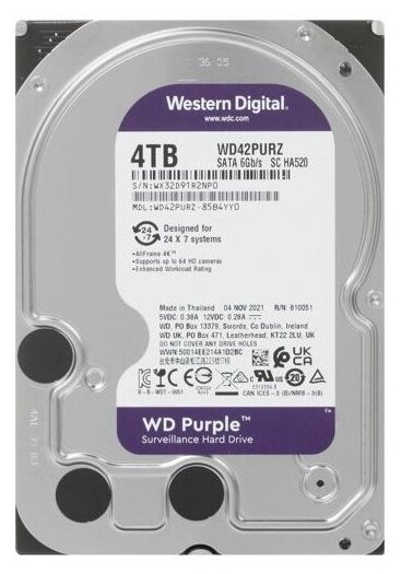 Жесткий диск 4ТБ Western Digital "Purple Pro WD42PURZ", 5400об./мин., 256МБ