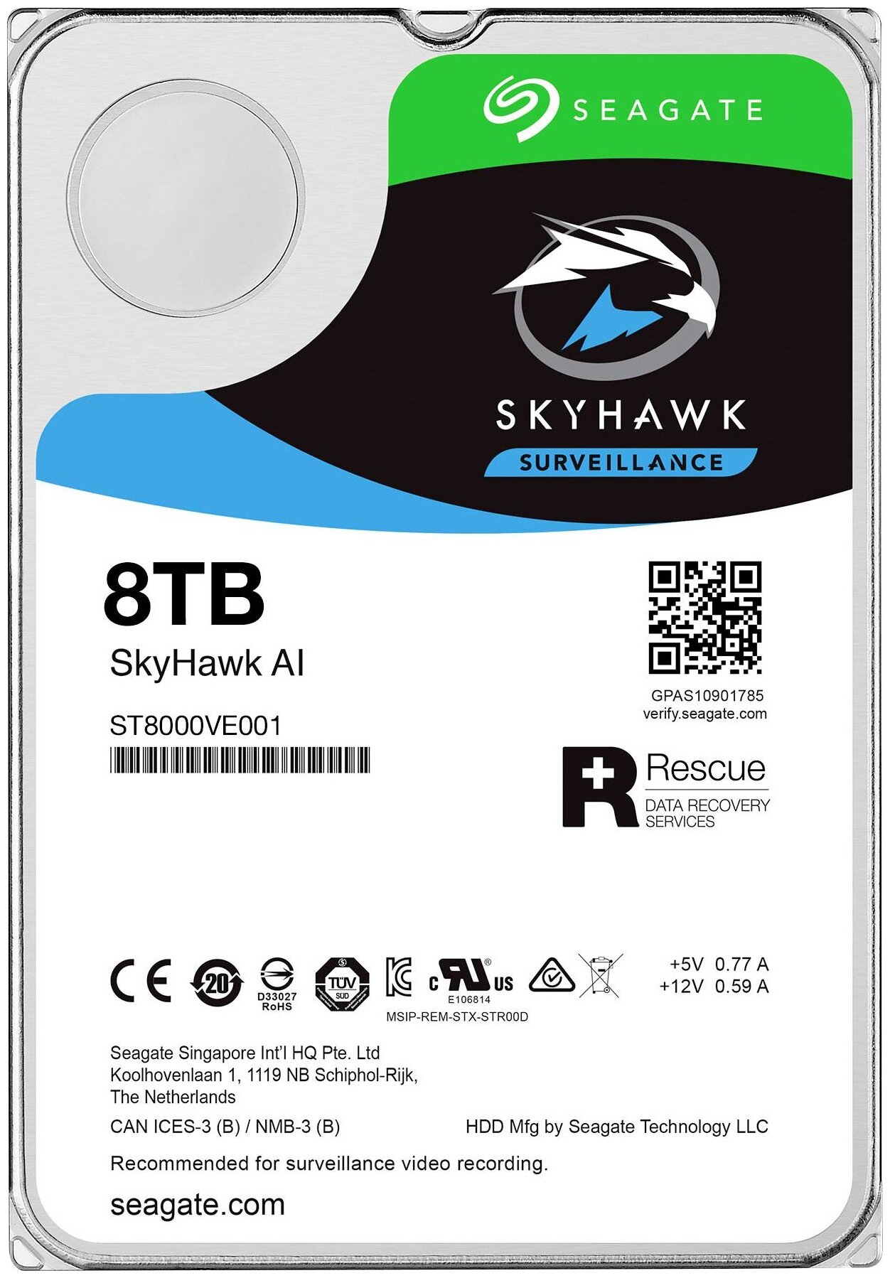 Жесткий диск 8ТБ Seagate "SkyHawk Surveillance ST8000VE001", 7200об./мин., 256МБ
