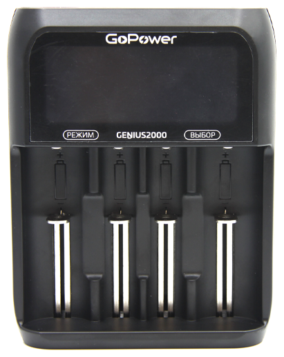 Зарядное устройство GoPower "Genius 2000" 00-00017019, power bank 2A, 4слота, Ni-MH/Ni-Cd/Li-Ion/IMR/LiFePO4