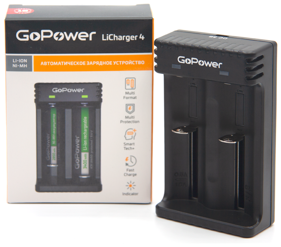 null Зарядное устройство GoPower "LiCharger 4" 00-00015360, 2слота, Ni-MH/Ni-Cd/Li-Ion/IMR/INR/ICR. null.