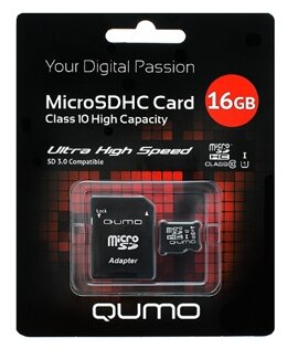Карта памяти 16ГБ Qumo "QM16GMICSDHC10U1" microSD UHS-I U1 Class10 + адаптер