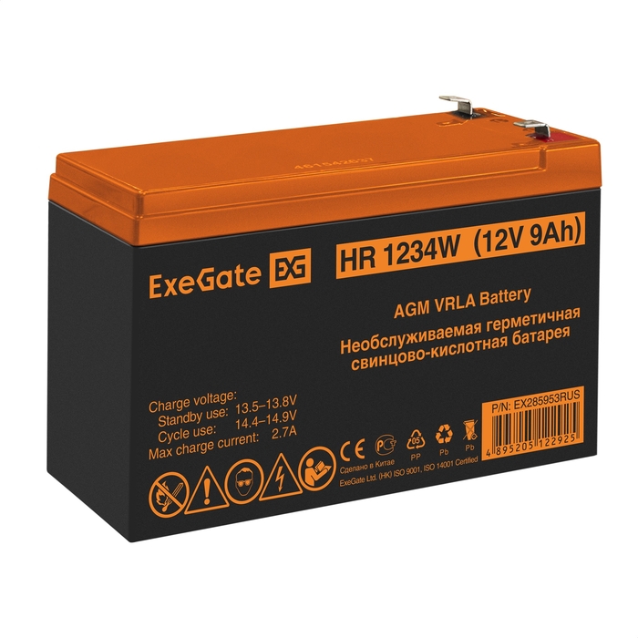 Батарея аккумуляторная ExeGate "HR1234W" EX285953RUS, 12В 9.0А*ч, тип разъема F2