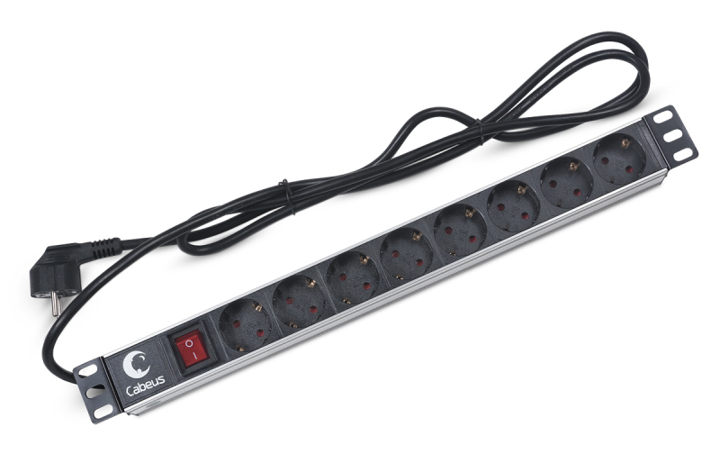 Серверный аксессуар - блок розеток для 19" шкафа Cabeus "PDU-8P-2EU", 1U, 8 розеток, 16A, вилка Shuko