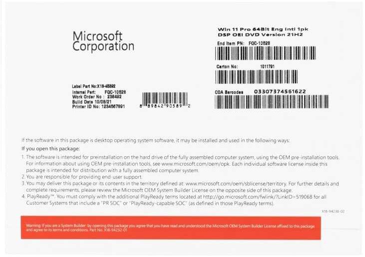 Операционная система Microsoft "Windows 11 Профессиональная 64Bit English 1pk DSP OEI DVD" FQC-10528