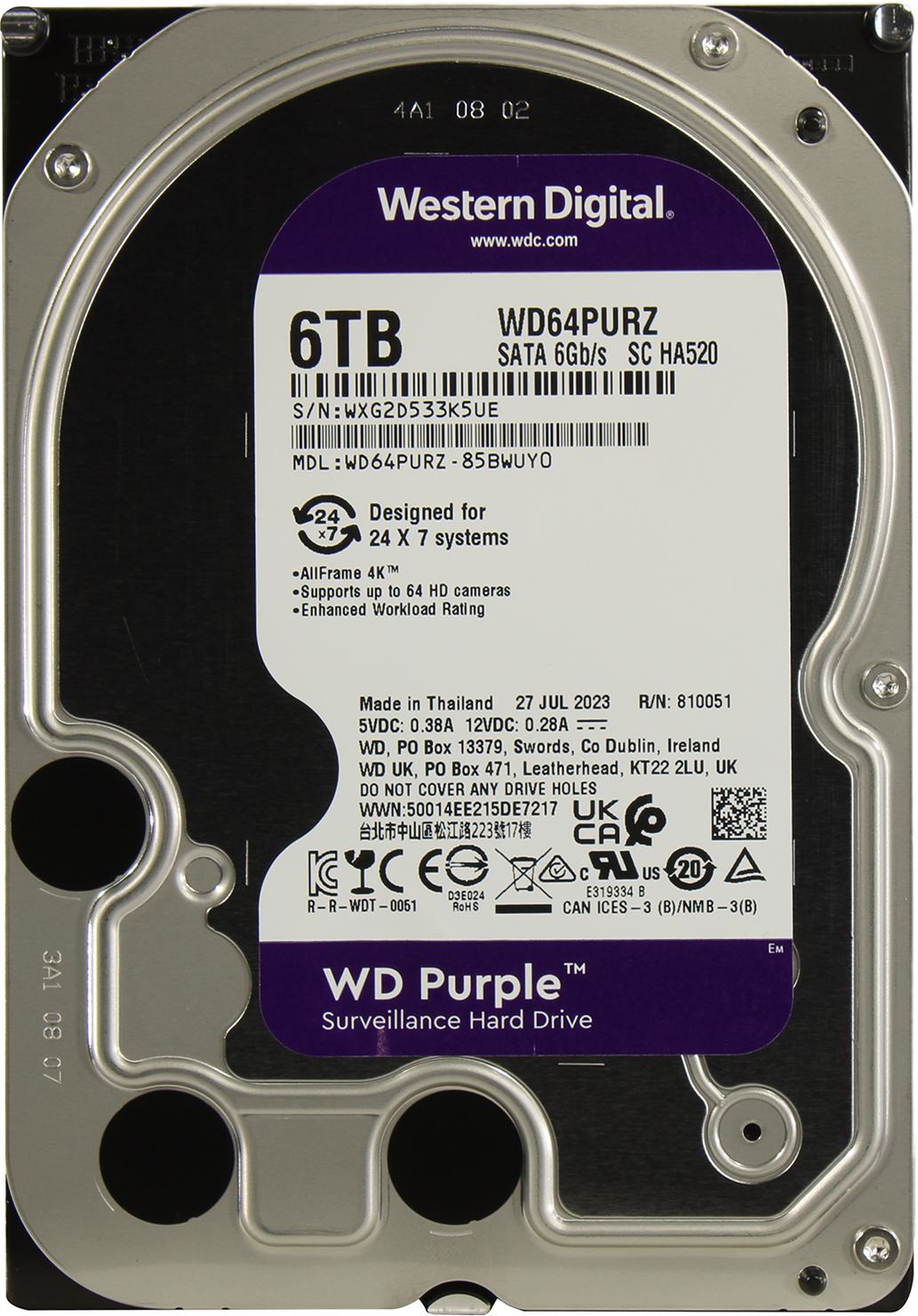 Жесткий диск 6ТБ Western Digital "Purple WD64PURZ", 5400об./мин., 256МБ