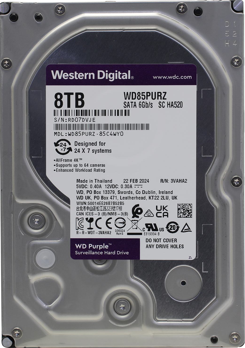 Жесткий диск 8ТБ Western Digital "Purple WD85PURZ", 5640об./мин., 256МБ