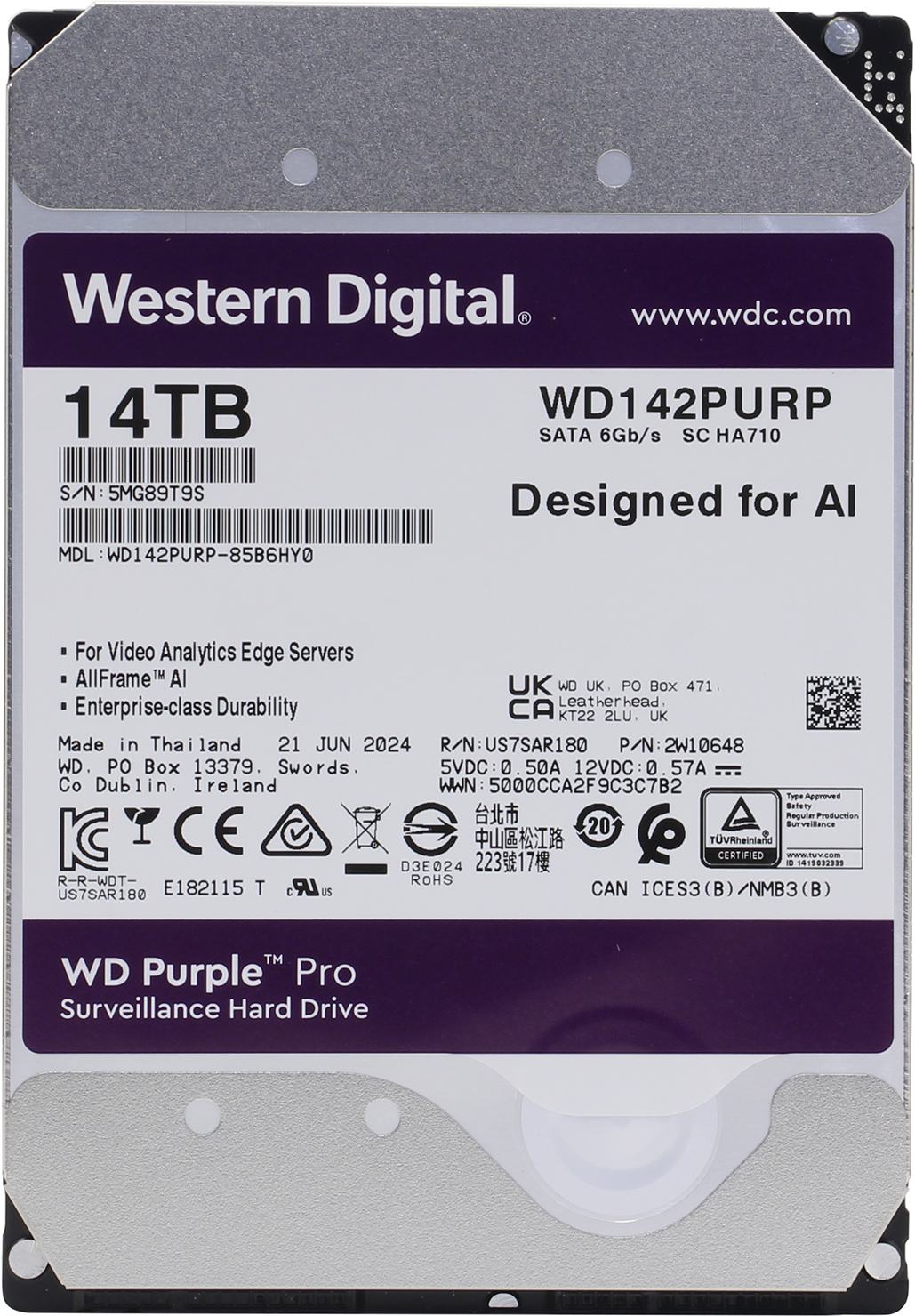 Жесткий диск 14ТБ Western Digital "Purple Pro WD142PURP", 7200об./мин., 512МБ