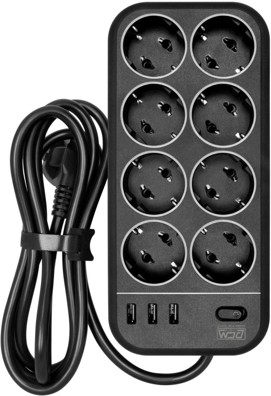Сетевой фильтр на 8 розеток Powercom "SP-08 USB03AB", 3xUSB, черный