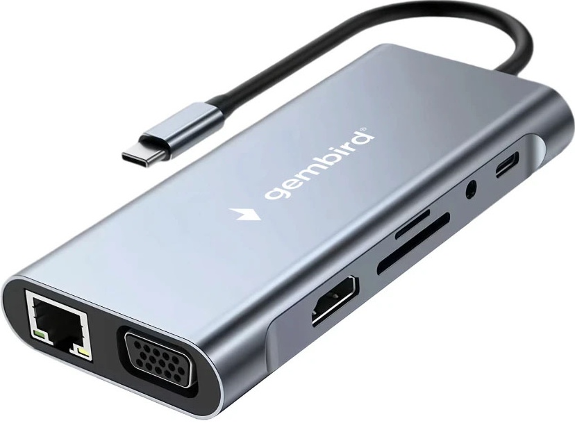 Док-станция Type-C->3 порта USB3.1 + 1 порт HDMI + 1 порт D-Sub + 1 порт LAN 1ГБит/сек. + 1 порт Type-C + CR + аудио Gembird "UHB-D4", серый