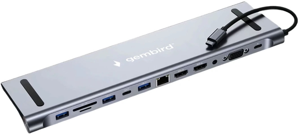 Док-станция Type-C->2 порта USB3.1 + 1 порт USB2.0 + 2 порта HDMI + 1 порт D-Sub + 1 порт LAN 100МБит/сек. + 1 порт Type-C PD + 1 порт Type-C + CR + аудио Gembird "UHB-D6", серый