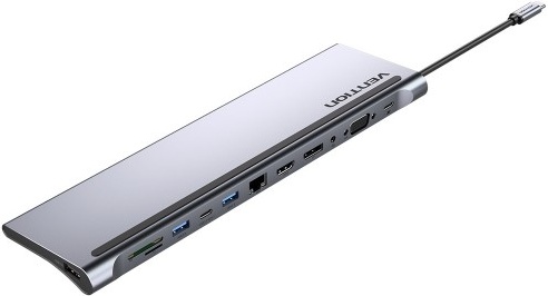 Док-станция Type-C->2 порта USB3.0 + 1 порт USB2.0 + 1 порт HDMI + 1 порт DP + 1 порт D-Sub + 1 порт LAN 1ГБит/сек. + 1 порт Type-C PD3.0 + 1 порт Type-C + CR + аудио Vention "THSHC", серый