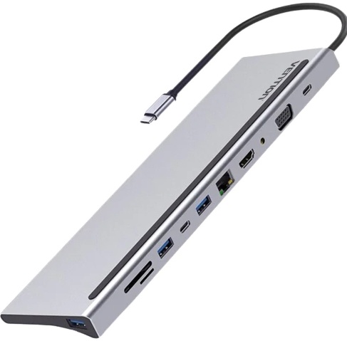 Док-станция Type-C->2 порта USB3.0 + 1 порт USB2.0 + 1 порт HDMI + 1 порт D-Sub + 1 порт LAN 1ГБит/сек. + 1 порт Type-C PD3.0 + 1 порт Type-C + CR + аудио Vention "THTHC", серый