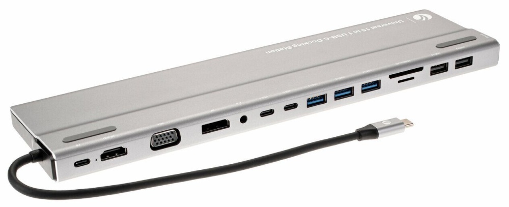 Док-станция Type-C->3 порта USB3.0 + 2 порта USB2.0 + 1 порт HDMI + 1 порт DP + 1 порт D-Sub + 1 порт LAN 1ГБит/сек. + 1 порт Type-C PD3.0 + 2 порта Type-C + CR + аудио VCOM "CU4703", серый
