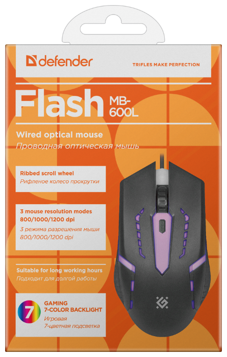 Оптическая мышь Оптическая мышь Defender "Flash MB-600L" 52600, 3кн.+скр., RGB. null.